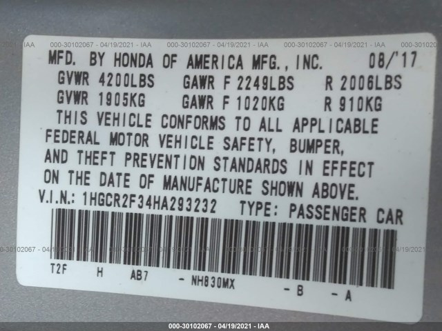 Photo 8 VIN: 1HGCR2F34HA293232 - HONDA ACCORD SEDAN 