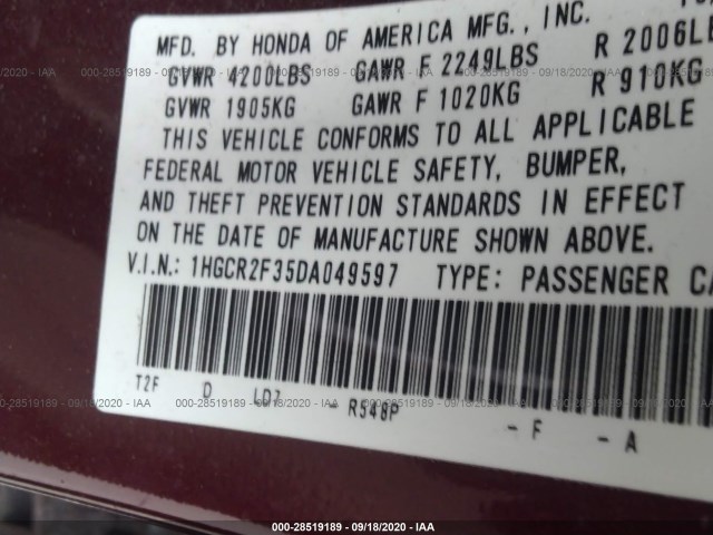 Photo 8 VIN: 1HGCR2F35DA049597 - HONDA ACCORD SDN 