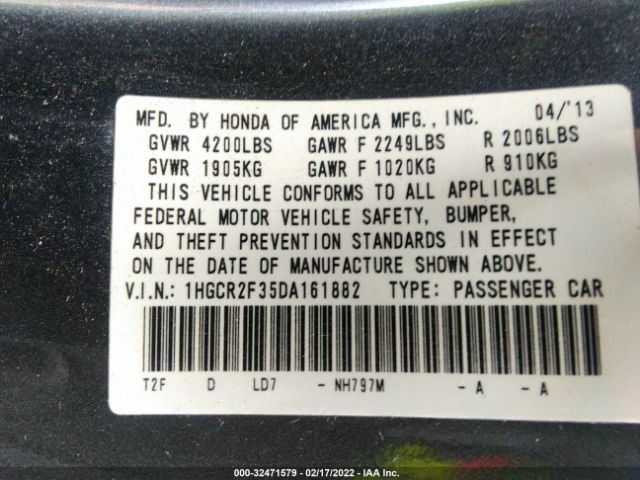 Photo 8 VIN: 1HGCR2F35DA161882 - HONDA ACCORD SDN 