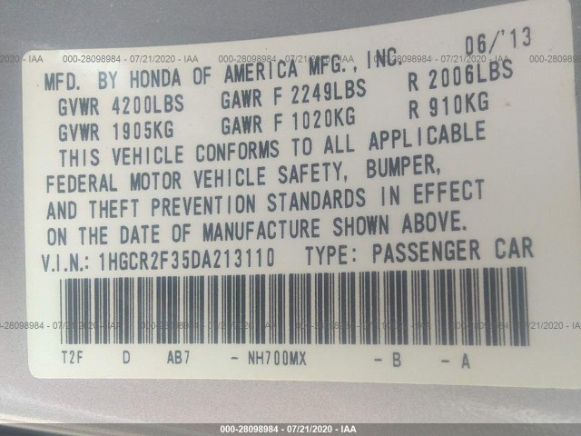 Photo 8 VIN: 1HGCR2F35DA213110 - HONDA ACCORD SDN 