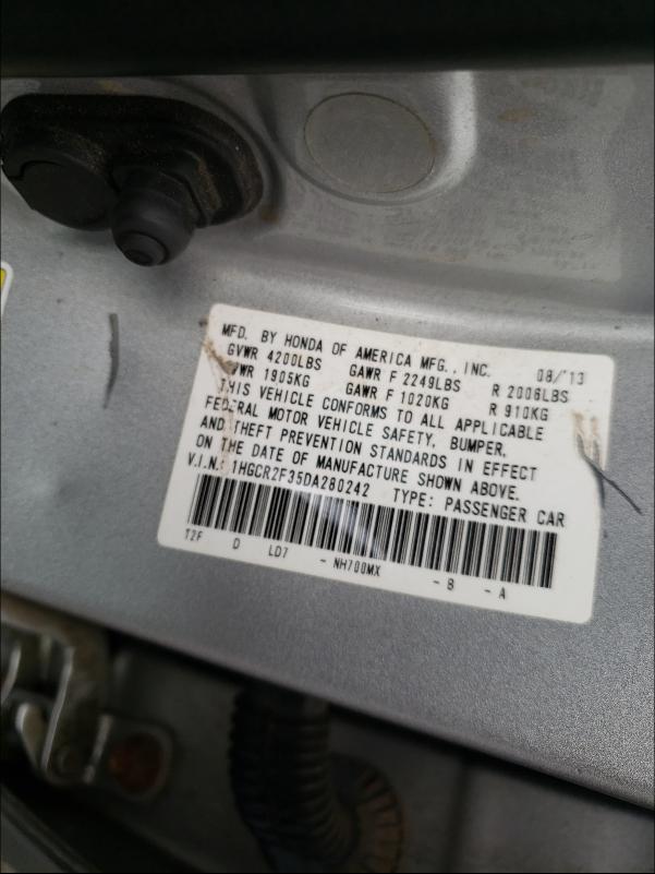 Photo 9 VIN: 1HGCR2F35DA280242 - HONDA ACCORD LX 