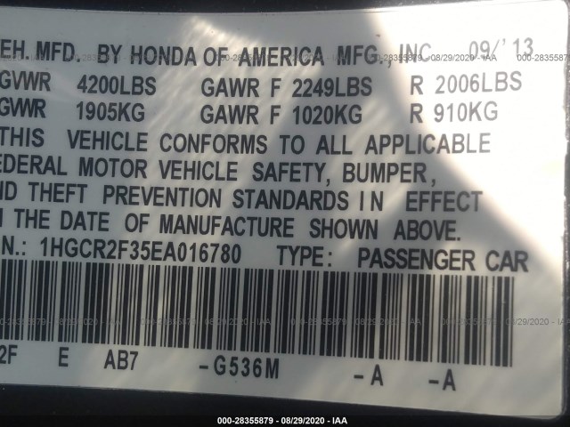 Photo 8 VIN: 1HGCR2F35EA016780 - HONDA ACCORD SEDAN 