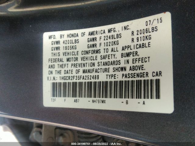 Photo 8 VIN: 1HGCR2F35FA252489 - HONDA ACCORD SEDAN 