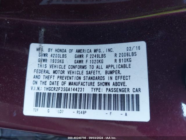 Photo 8 VIN: 1HGCR2F35GA144231 - HONDA ACCORD 