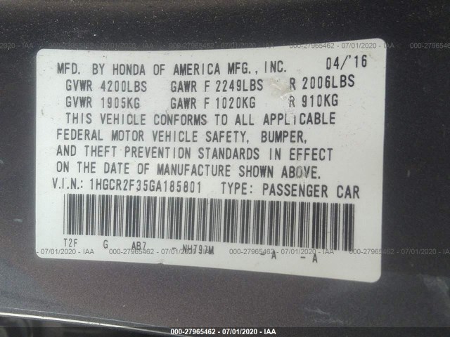 Photo 8 VIN: 1HGCR2F35GA185801 - HONDA ACCORD SEDAN 