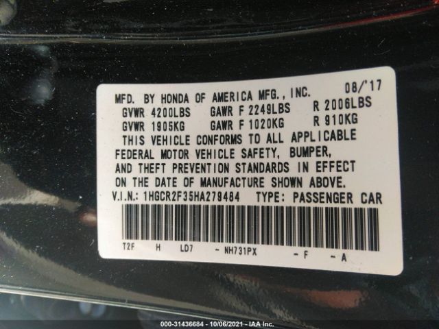 Photo 8 VIN: 1HGCR2F35HA279484 - HONDA ACCORD SEDAN 