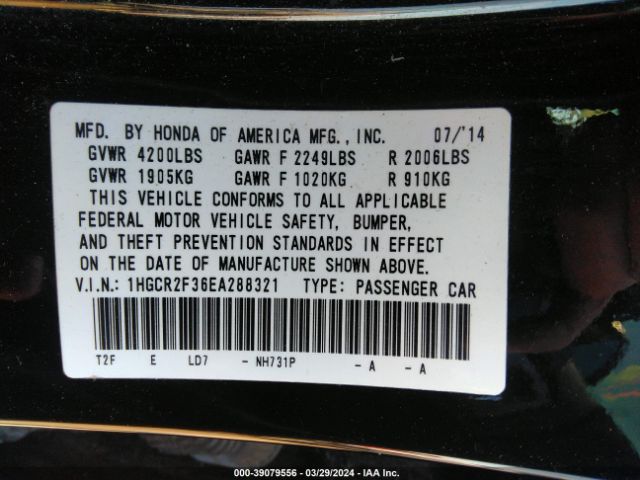 Photo 8 VIN: 1HGCR2F36EA288321 - HONDA ACCORD 