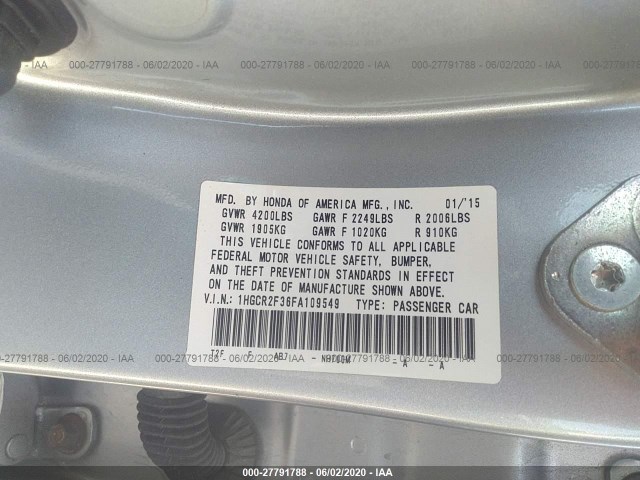 Photo 8 VIN: 1HGCR2F36FA109549 - HONDA ACCORD SEDAN 