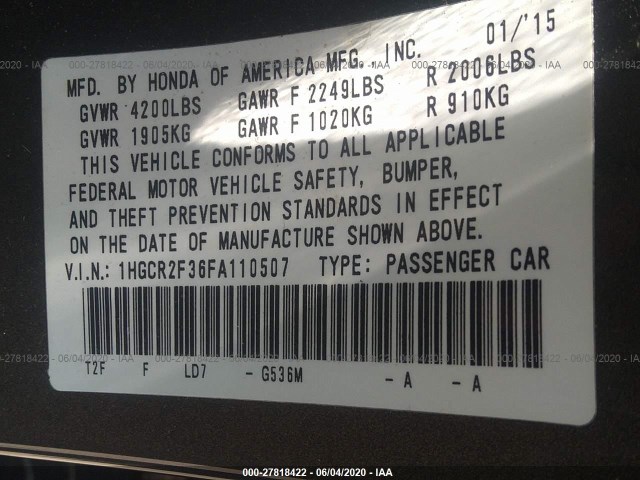 Photo 8 VIN: 1HGCR2F36FA110507 - HONDA ACCORD SEDAN 