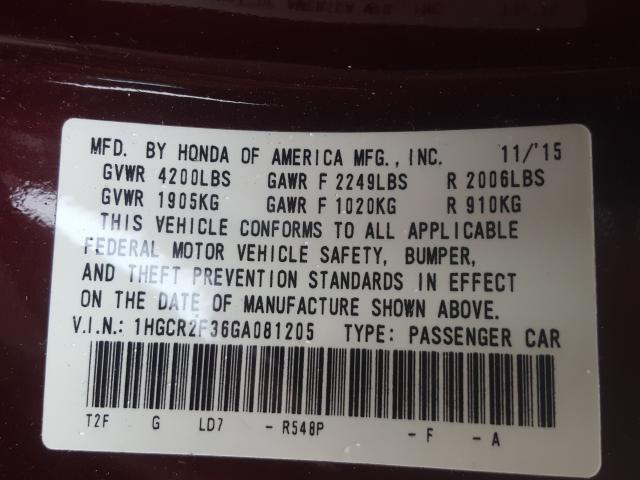 Photo 9 VIN: 1HGCR2F36GA081205 - HONDA ACCORD LX 