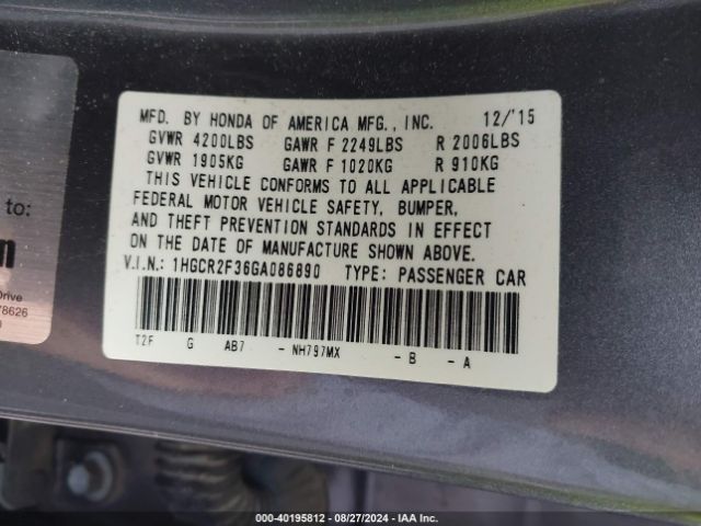 Photo 8 VIN: 1HGCR2F36GA086890 - HONDA ACCORD 