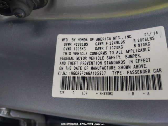 Photo 8 VIN: 1HGCR2F36GA105907 - HONDA ACCORD 