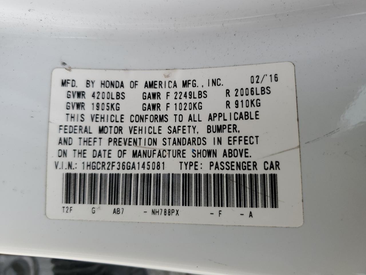 Photo 11 VIN: 1HGCR2F36GA145081 - HONDA ACCORD 