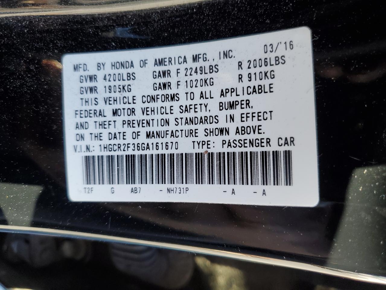 Photo 12 VIN: 1HGCR2F36GA161670 - HONDA ACCORD 