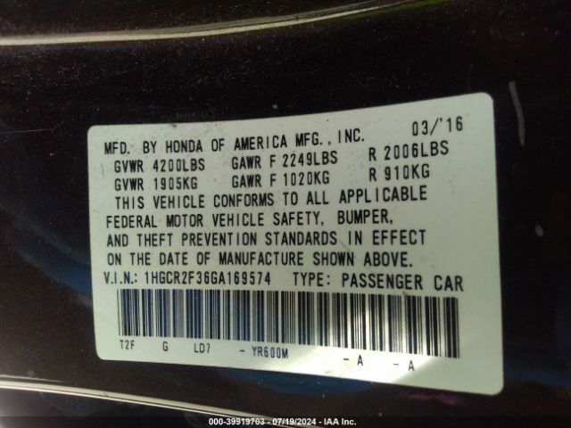 Photo 8 VIN: 1HGCR2F36GA169574 - HONDA ACCORD 