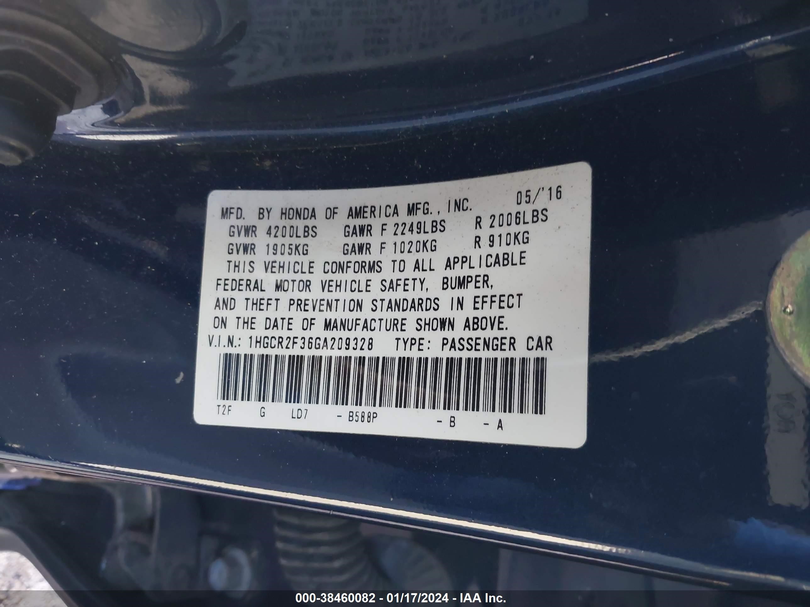 Photo 8 VIN: 1HGCR2F36GA209328 - HONDA ACCORD 