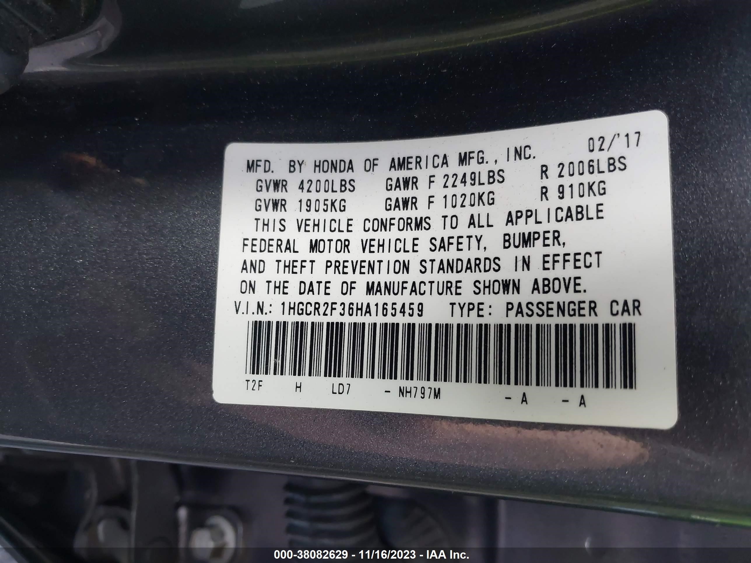 Photo 8 VIN: 1HGCR2F36HA165459 - HONDA ACCORD 