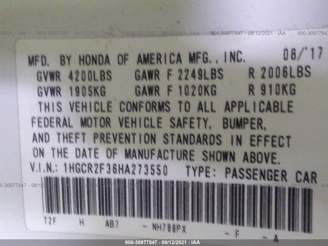 Photo 8 VIN: 1HGCR2F36HA273550 - HONDA ACCORD SEDAN 