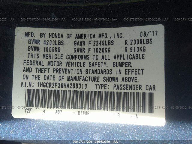 Photo 8 VIN: 1HGCR2F36HA288310 - HONDA ACCORD SEDAN 