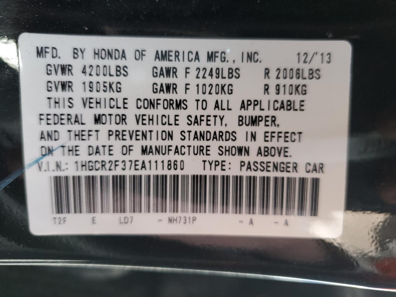 Photo 11 VIN: 1HGCR2F37EA111860 - HONDA ACCORD 