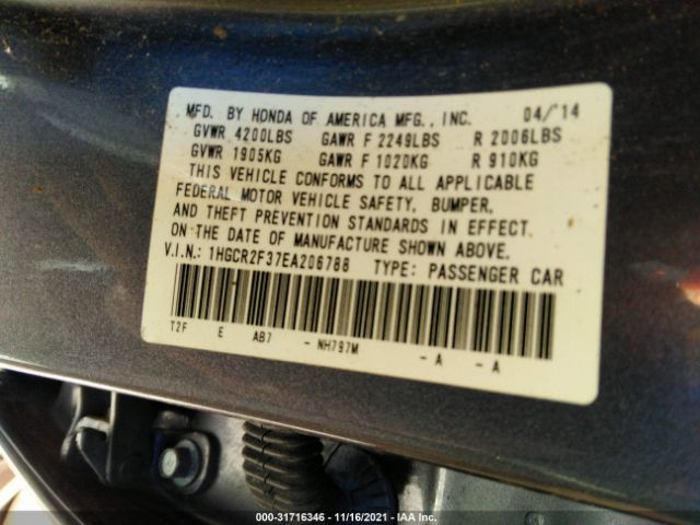 Photo 8 VIN: 1HGCR2F37EA206788 - HONDA ACCORD SEDAN 