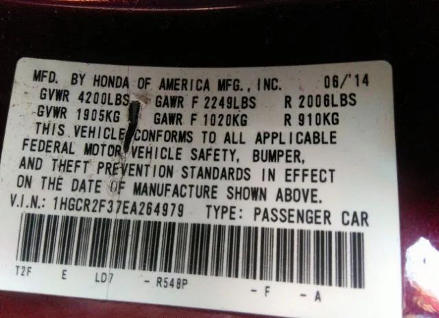 Photo 8 VIN: 1HGCR2F37EA264979 - HONDA ACCORD SEDAN 