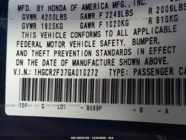 Photo 8 VIN: 1HGCR2F37GA010272 - HONDA ACCORD SEDAN 