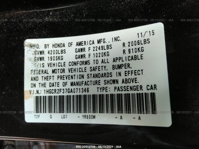 Photo 8 VIN: 1HGCR2F37GA071346 - HONDA ACCORD SEDAN 