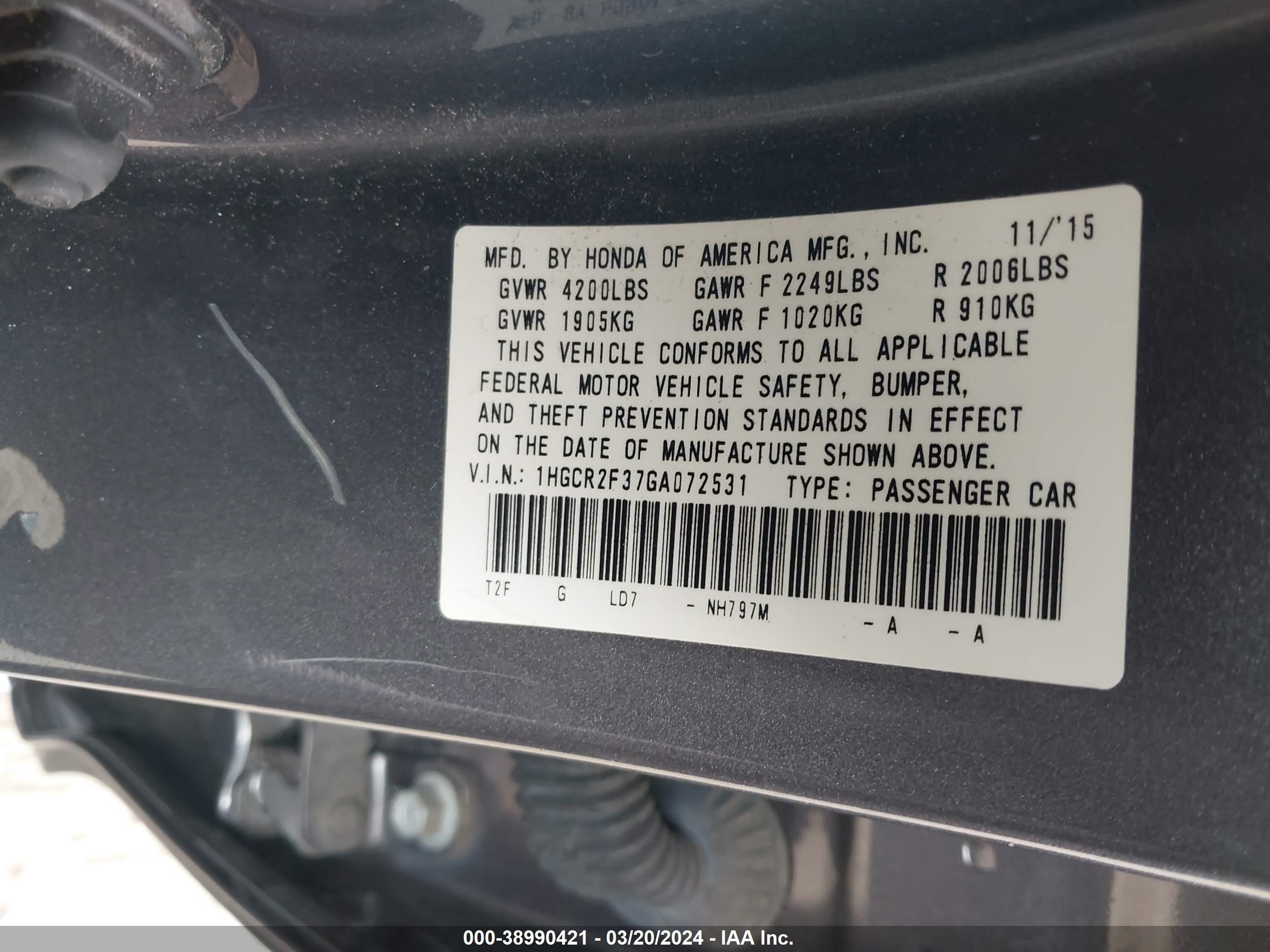 Photo 8 VIN: 1HGCR2F37GA072531 - HONDA ACCORD 