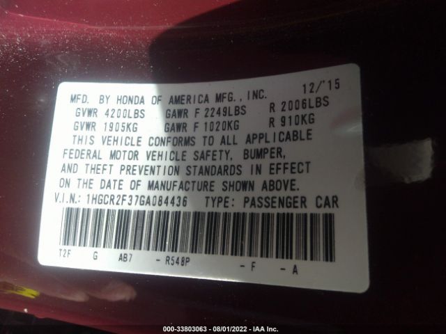 Photo 8 VIN: 1HGCR2F37GA084436 - HONDA ACCORD SEDAN 