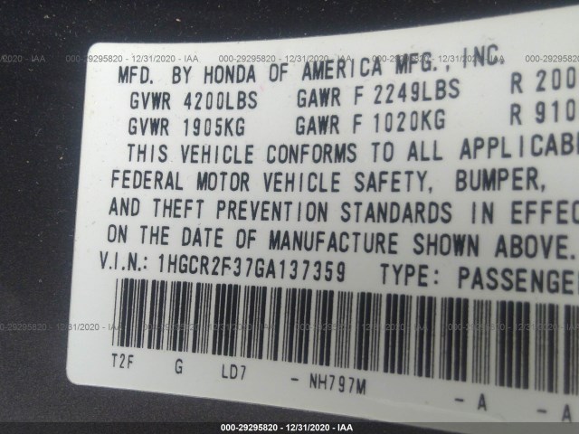 Photo 8 VIN: 1HGCR2F37GA137359 - HONDA ACCORD SEDAN 