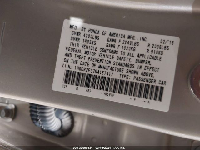 Photo 8 VIN: 1HGCR2F37GA157417 - HONDA ACCORD 