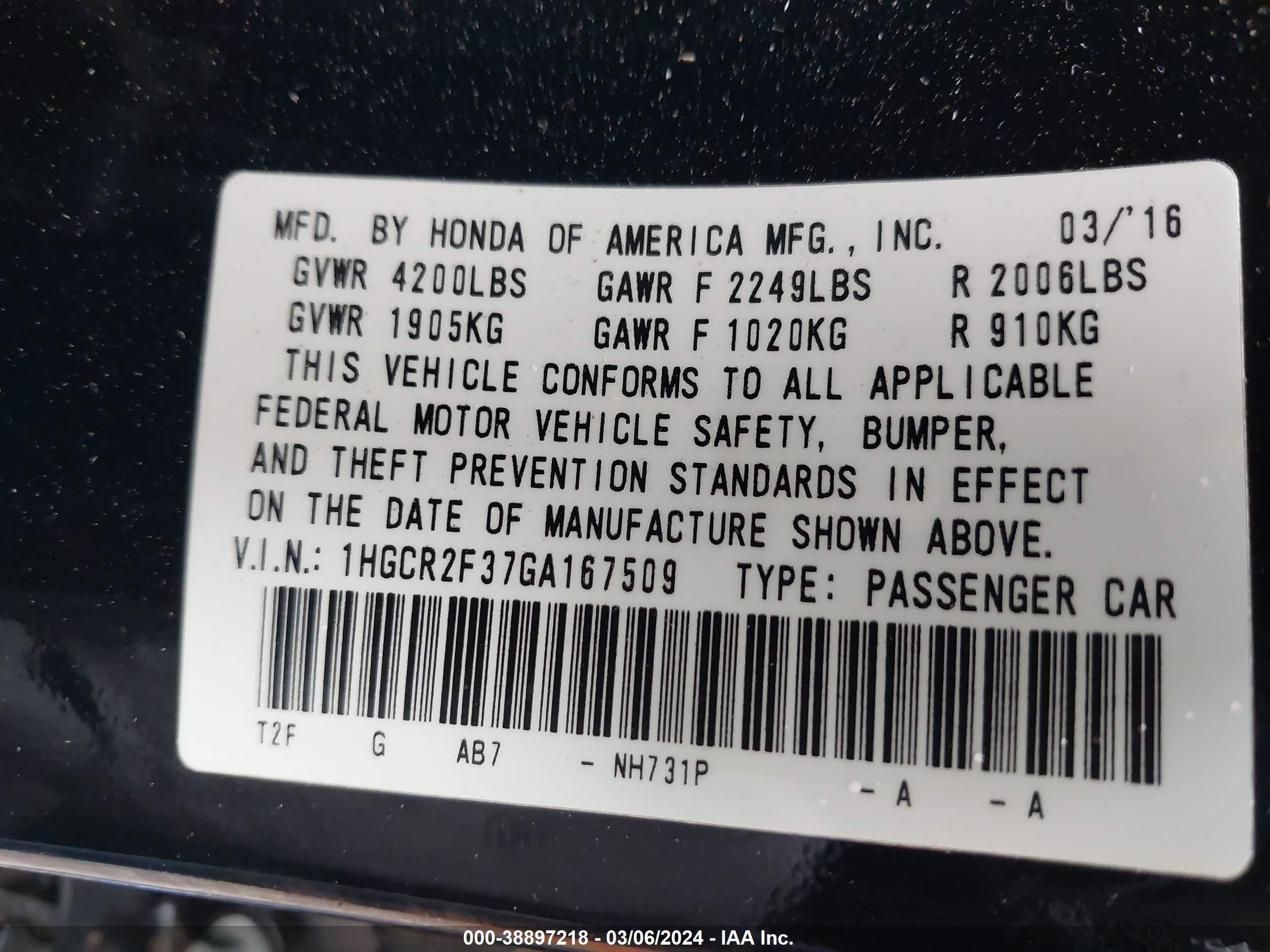 Photo 8 VIN: 1HGCR2F37GA167509 - HONDA ACCORD 