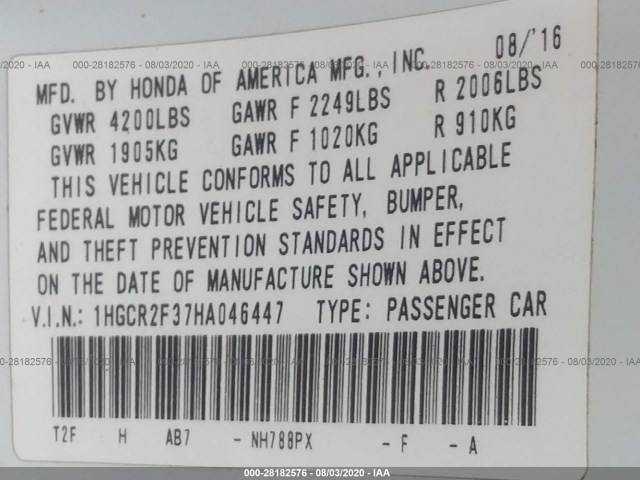 Photo 8 VIN: 1HGCR2F37HA046447 - HONDA ACCORD SEDAN 