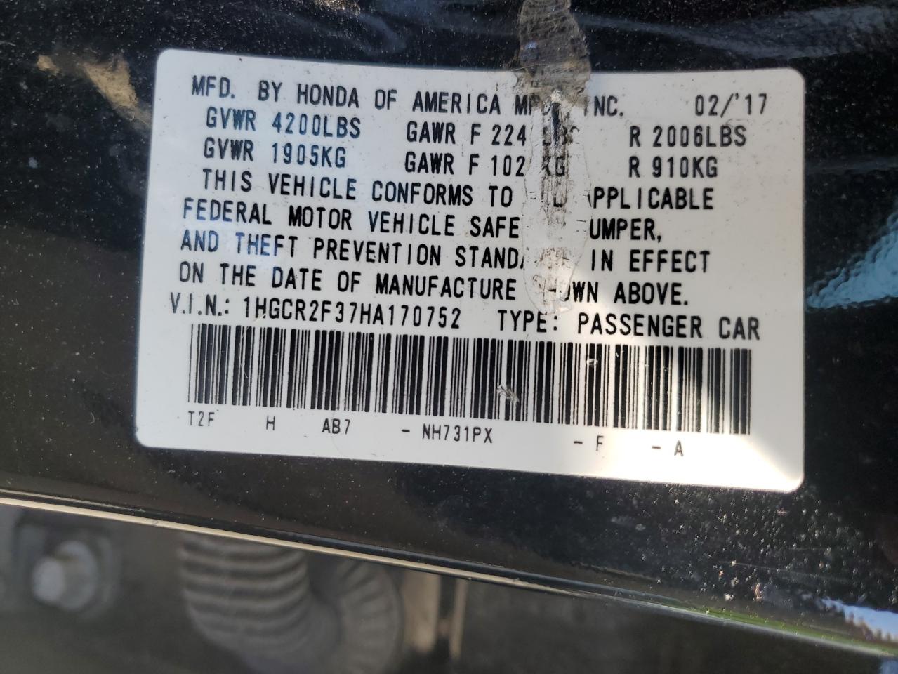 Photo 12 VIN: 1HGCR2F37HA170752 - HONDA ACCORD 