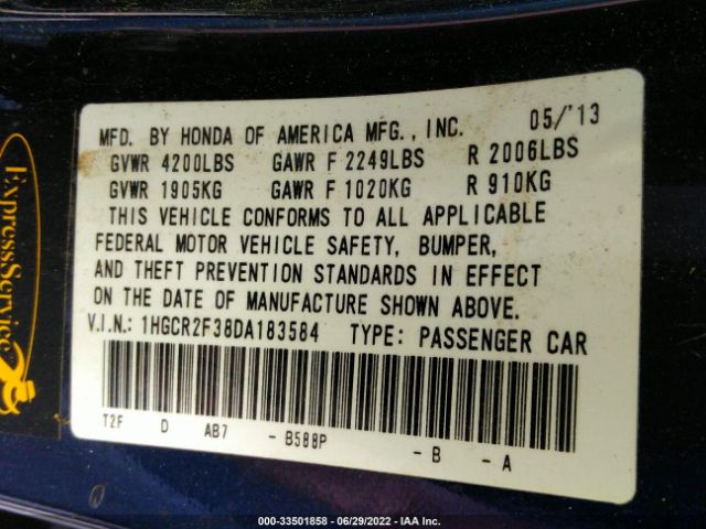 Photo 8 VIN: 1HGCR2F38DA183584 - HONDA ACCORD SDN 