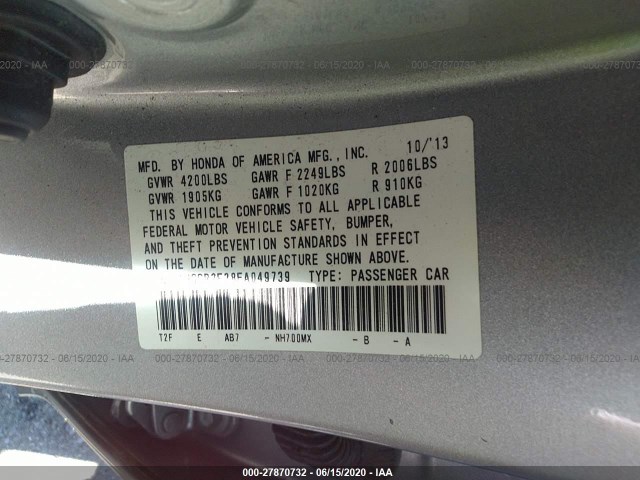 Photo 8 VIN: 1HGCR2F38EA049739 - HONDA ACCORD SEDAN 