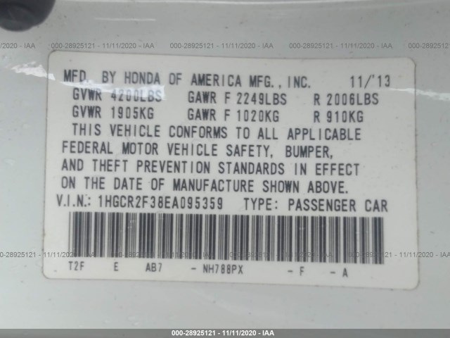 Photo 8 VIN: 1HGCR2F38EA095359 - HONDA ACCORD SEDAN 