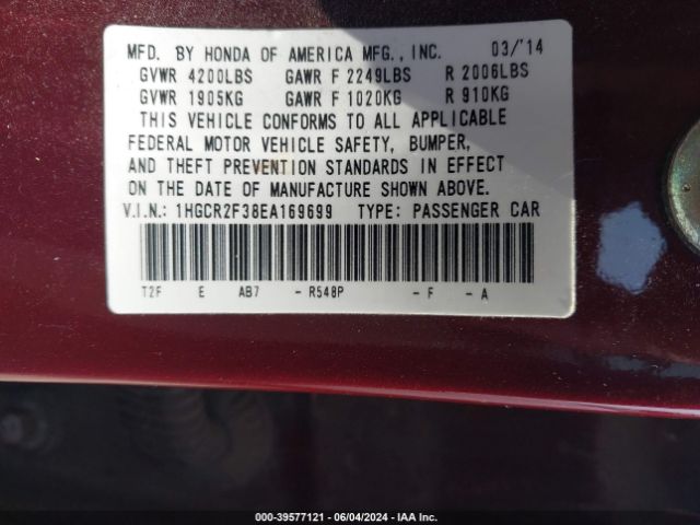 Photo 8 VIN: 1HGCR2F38EA169699 - HONDA ACCORD 