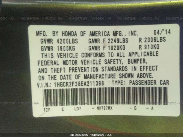 Photo 8 VIN: 1HGCR2F38EA211398 - HONDA ACCORD SEDAN 