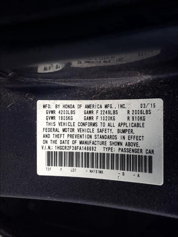 Photo 9 VIN: 1HGCR2F38FA148692 - HONDA ACCORD LX 