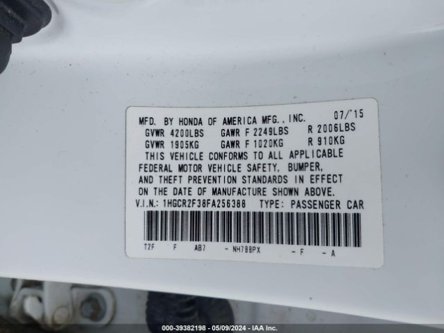 Photo 8 VIN: 1HGCR2F38FA256388 - HONDA ACCORD 