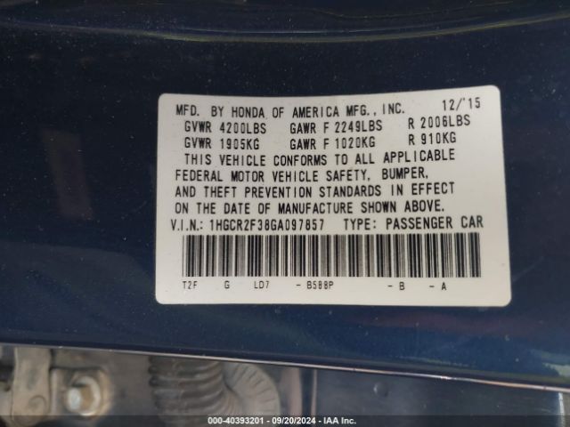 Photo 8 VIN: 1HGCR2F38GA097857 - HONDA ACCORD 