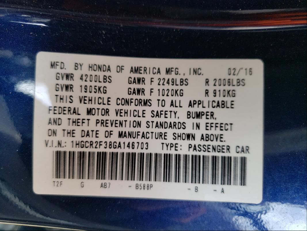 Photo 9 VIN: 1HGCR2F38GA146703 - HONDA ACCORD LX 