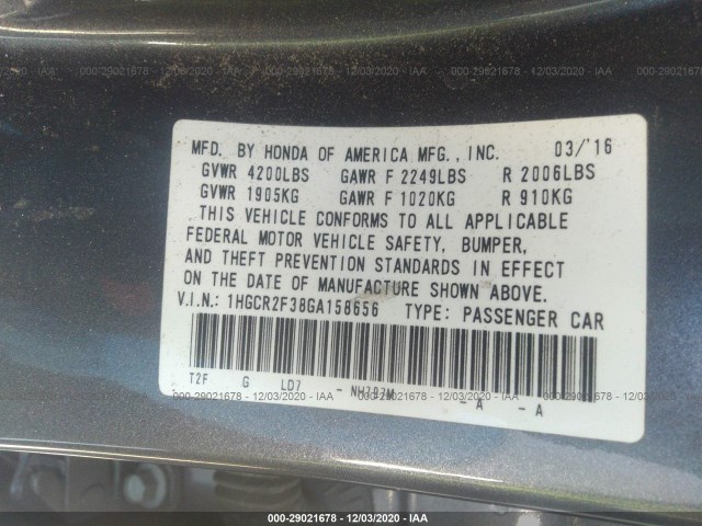 Photo 8 VIN: 1HGCR2F38GA158656 - HONDA ACCORD SEDAN 