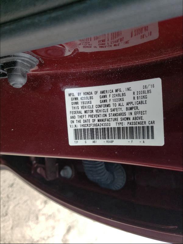 Photo 9 VIN: 1HGCR2F38GA243500 - HONDA ACCORD LX 