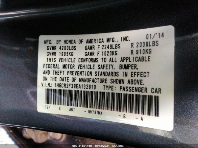 Photo 8 VIN: 1HGCR2F39EA132810 - HONDA ACCORD SEDAN 