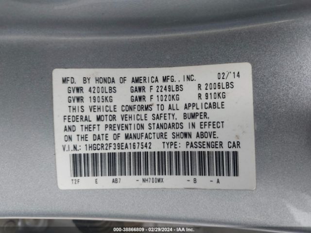 Photo 8 VIN: 1HGCR2F39EA167542 - HONDA ACCORD 