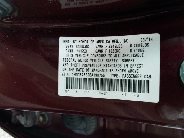 Photo 9 VIN: 1HGCR2F39EA190755 - HONDA ACCORD LX 