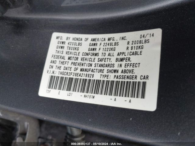 Photo 8 VIN: 1HGCR2F39EA219929 - HONDA ACCORD 